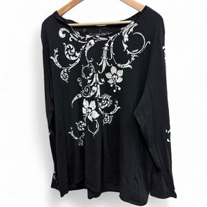 Calvin Klein Jeans Long Sleeve Black Top with White Metallic Silver Flowers 2X